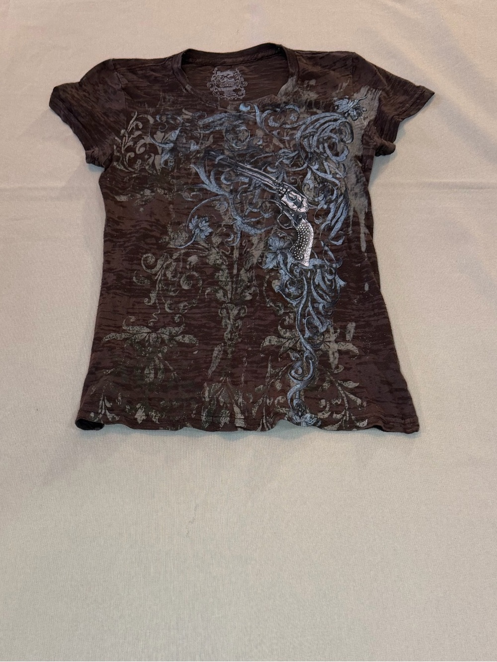 Women's Brown Short Sleeve Graphic Tee with Silver Accent Bedazzled Firearm